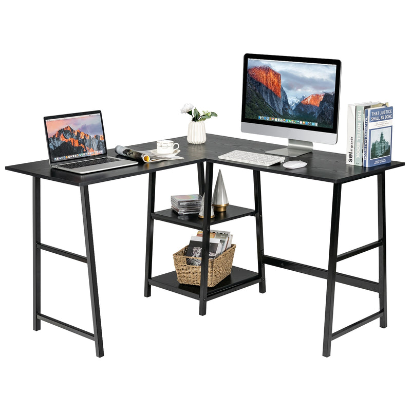 L Shaped Corner Computer Desk Study Table w/Storage Shelves Black