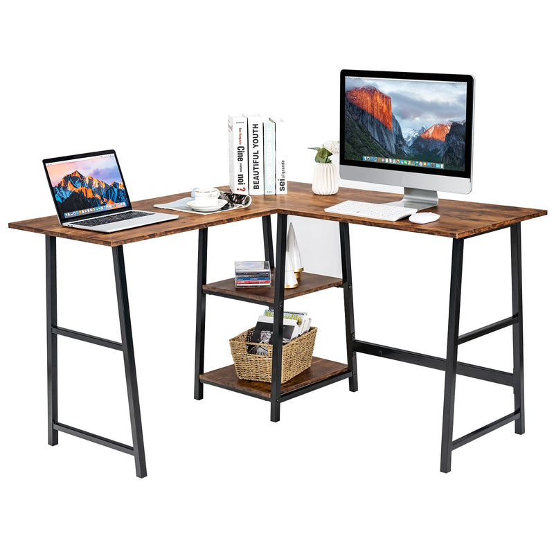 L Shaped Corner Computer Desk Study Table w/Storage Shelves Rustic Brown