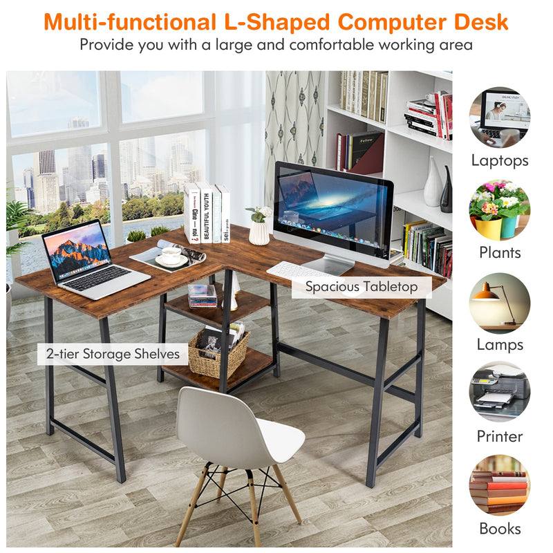 L Shaped Corner Computer Desk Study Table w/Storage Shelves Rustic Brown