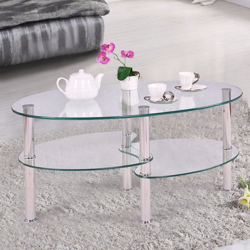 Tempered Glass Oval Side Coffee Table Shelf Chrome Base Living Room