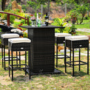 5PCS Patio Rattan Bar Table Stool Set Hidden Storage Shelf Cushioned