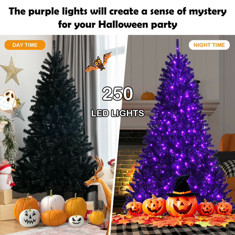 6ft Pre-lit PVC Christmas Halloween Tree Black w/ 250 Purple LED Lights