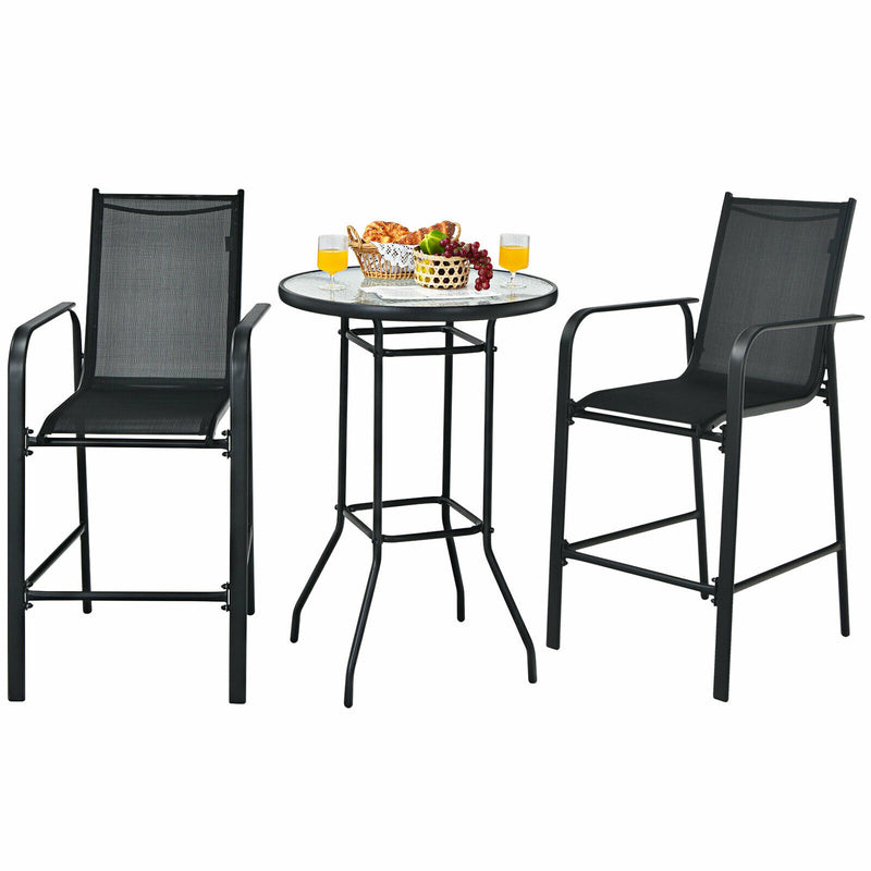 3 PCS Outdoor Patio Bar Table Stool Set Height Tempered Glass Top