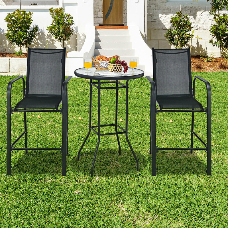 3 PCS Outdoor Patio Bar Table Stool Set Height Tempered Glass Top