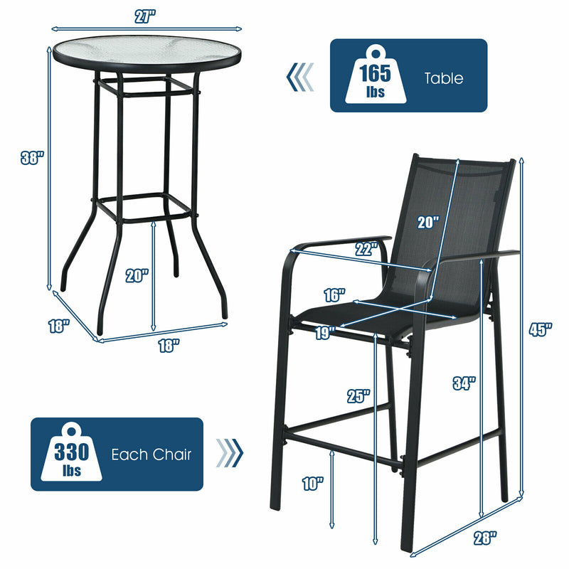 3 PCS Outdoor Patio Bar Table Stool Set Height Tempered Glass Top