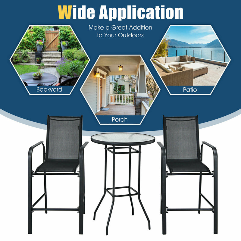 3 PCS Outdoor Patio Bar Table Stool Set Height Tempered Glass Top