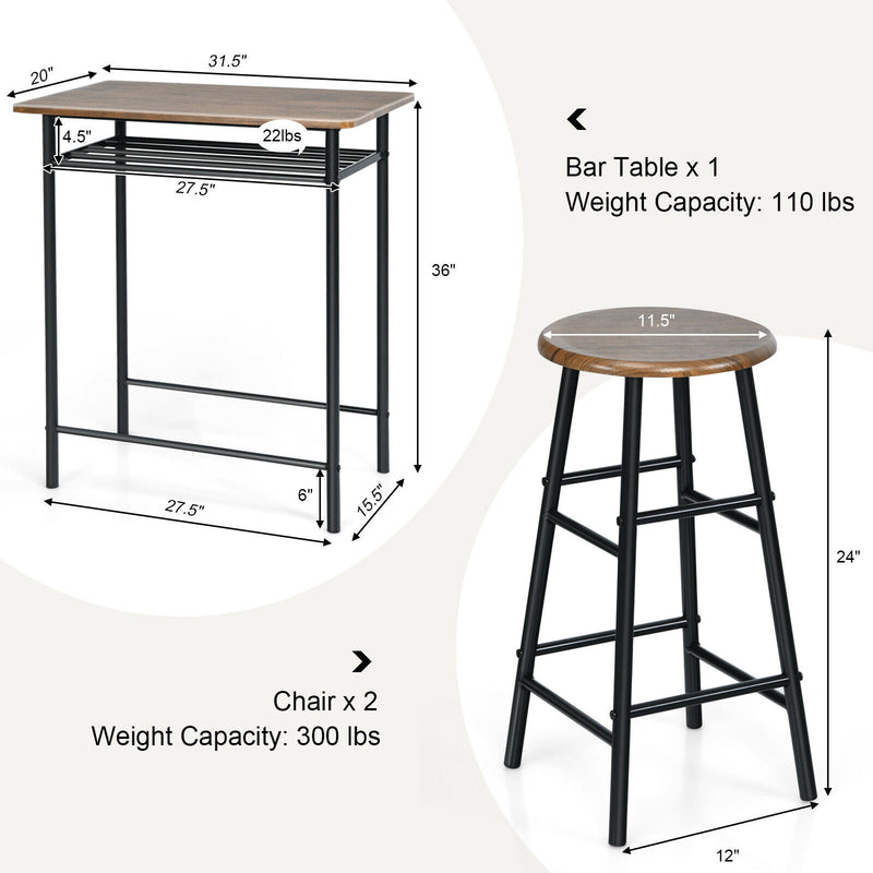 3 Pieces Bar Table Set Counter Height Dining Pub Table w/ 2 Stools Teak