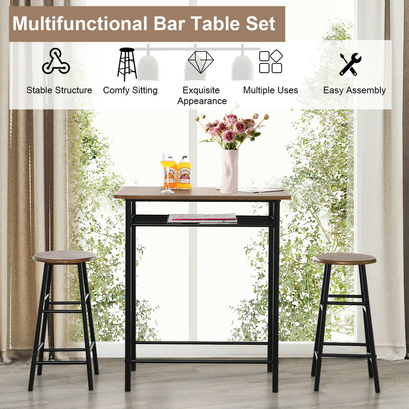 3 Pieces Bar Table Set Counter Height Dining Pub Table w/ 2 Stools Teak