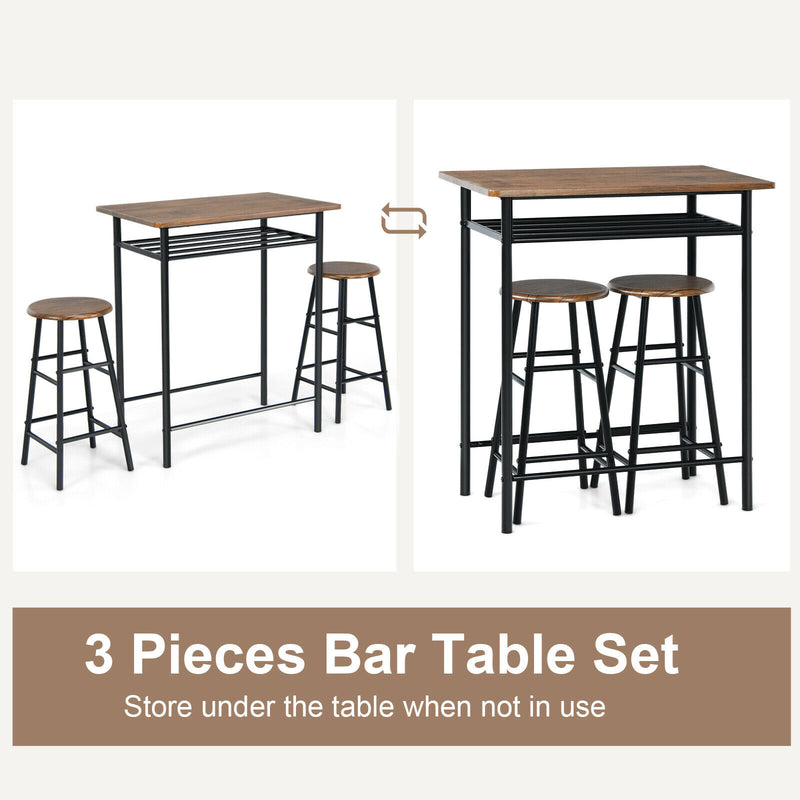 3 Pieces Bar Table Set Counter Height Dining Pub Table w/ 2 Stools Teak