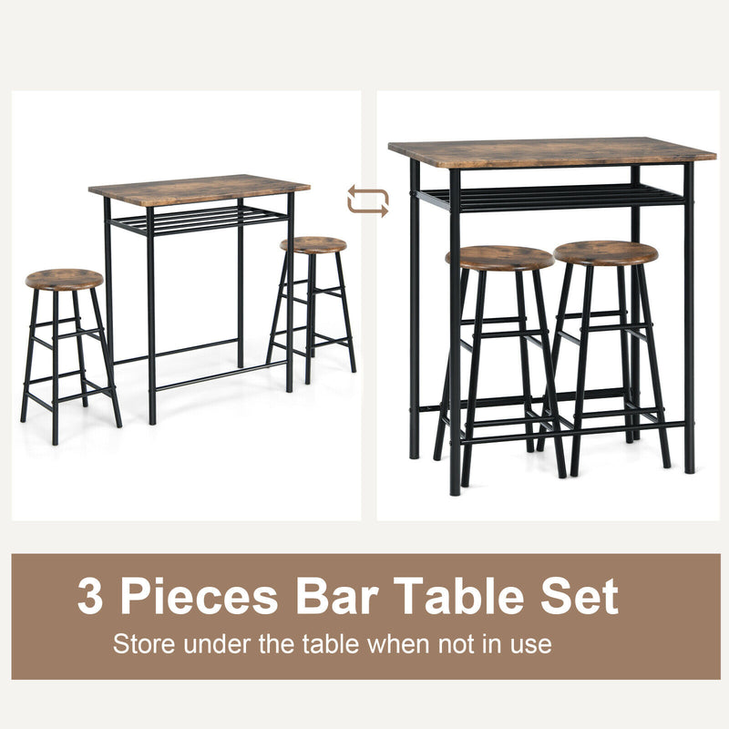 3 Pieces Bar Table Set Counter Height Dining Pub Table w/ 2 Stools Brown