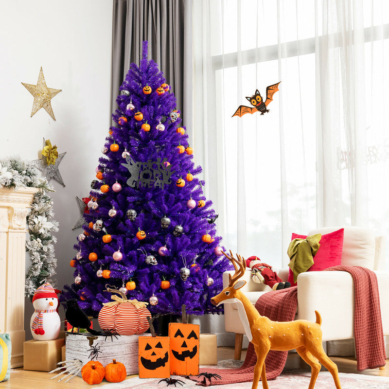 6ft Pre-lit Purple Halloween Christmas Tree w/ Orange Lights Pumpkin Decorations
