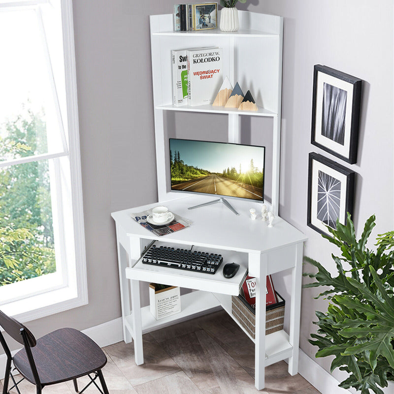 Corner Computer Desk Triangle Study Desk w/ Hutch & Keyboard Tray White/Black