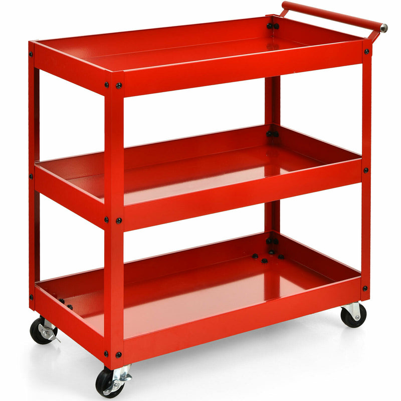 3-Tier Utility Cart Metal Storage Service Trolley 330lbs Capacity Red