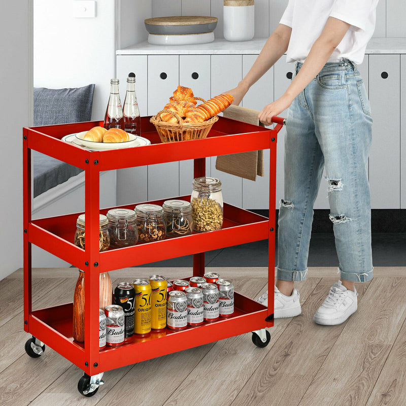 3-Tier Utility Cart Metal Storage Service Trolley 330lbs Capacity Red