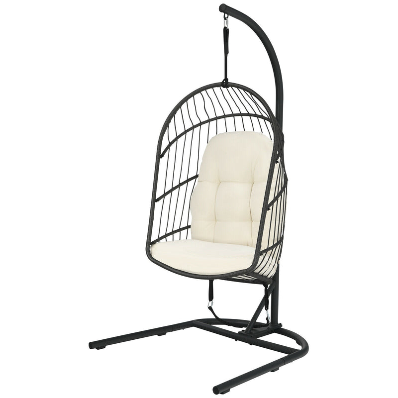 Hanging Wicker Egg Chair w/ Stand Cushion Foldable Outdoor Indoor Beige/Gra