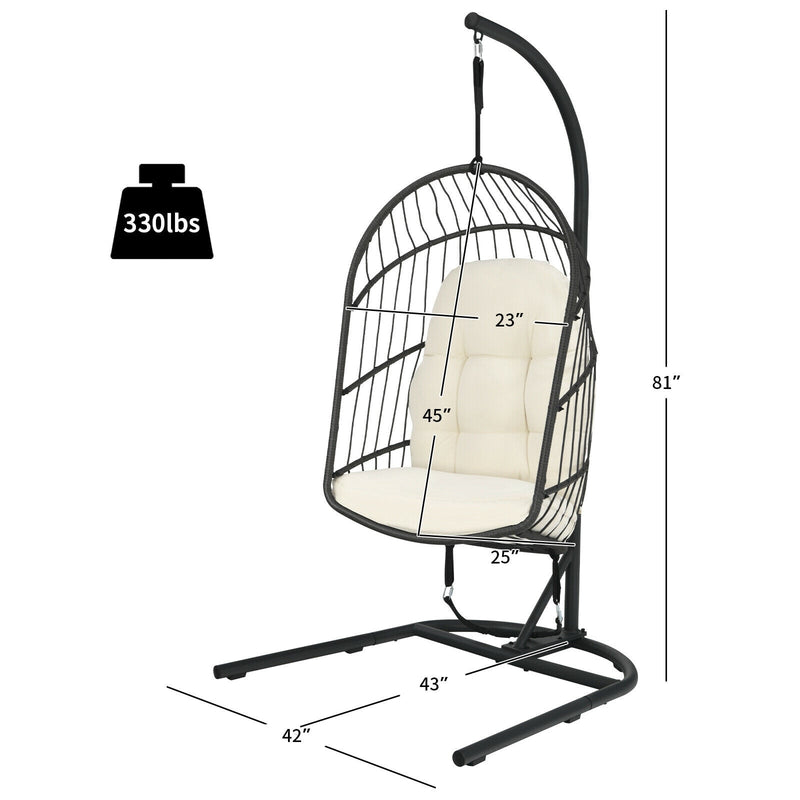 Hanging Wicker Egg Chair w/ Stand Cushion Foldable Outdoor Indoor Beige/Gra