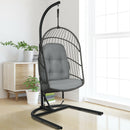 Hanging Wicker Egg Chair w/ Stand Cushion Foldable Outdoor Indoor Beige/Gra