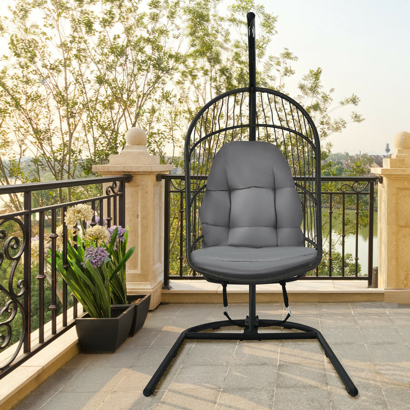 Hanging Wicker Egg Chair w/ Stand Cushion Foldable Outdoor Indoor Beige/Gra