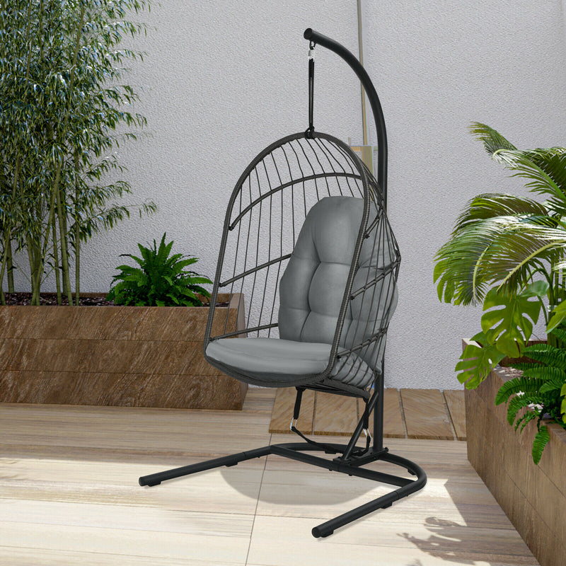 Hanging Wicker Egg Chair w/ Stand Cushion Foldable Outdoor Indoor Beige/Gra