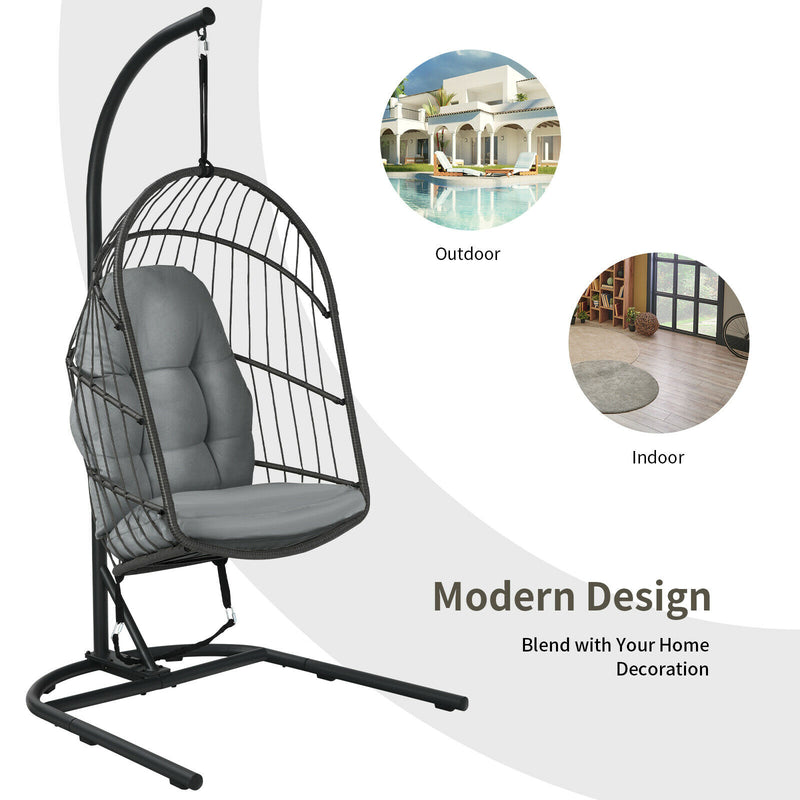 Hanging Wicker Egg Chair w/ Stand Cushion Foldable Outdoor Indoor Beige/Gra