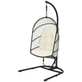 Hanging Wicker Egg Chair w/ Stand Cushion Foldable Outdoor Indoor Beige/Gra