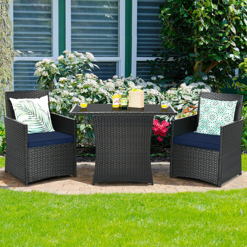 3PCS Patio Rattan Furniture Set Cushion Sofa Armrest Garden Deck Navy