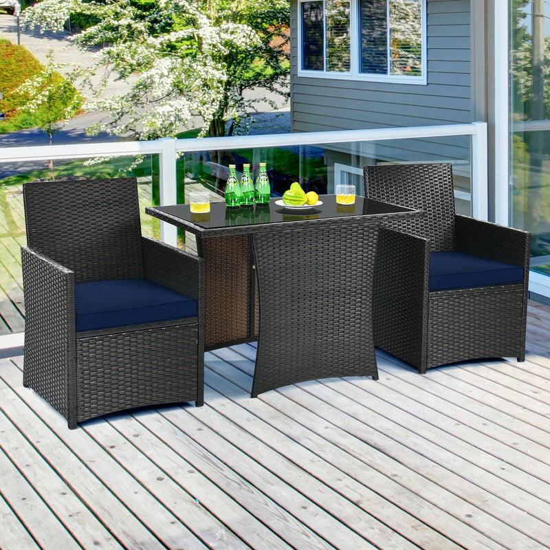 3PCS Patio Rattan Furniture Set Cushion Sofa Armrest Garden Deck Navy