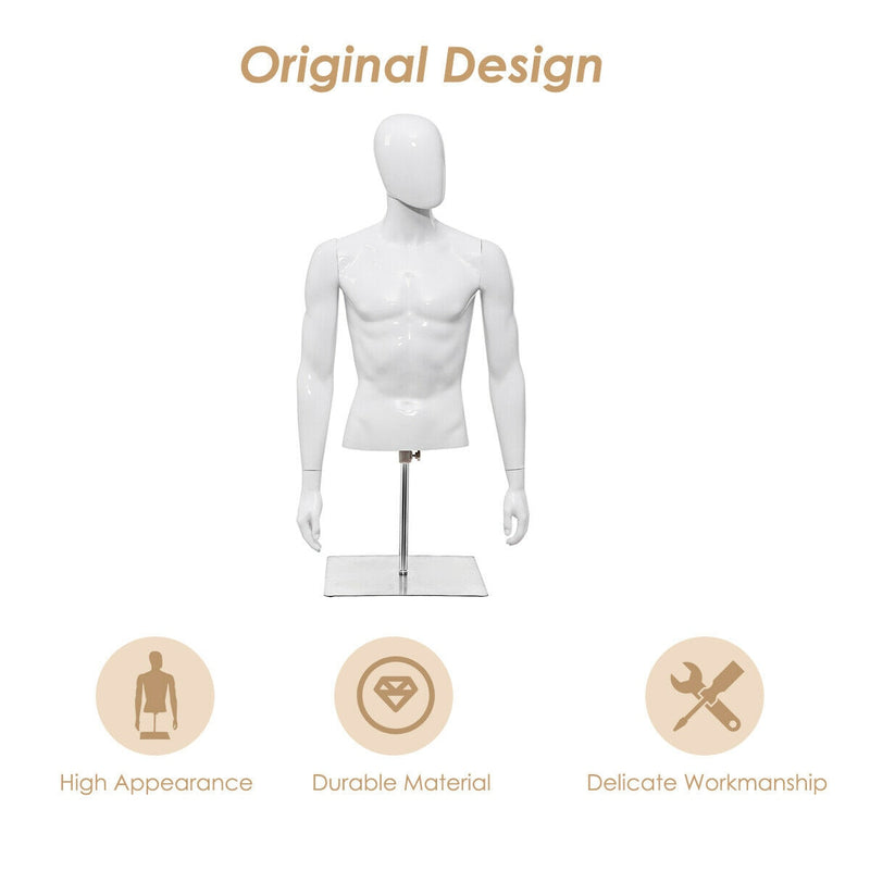 Male Mannequin Realistic Plastic Half Body Head Turn Dress Form Display w/Base
