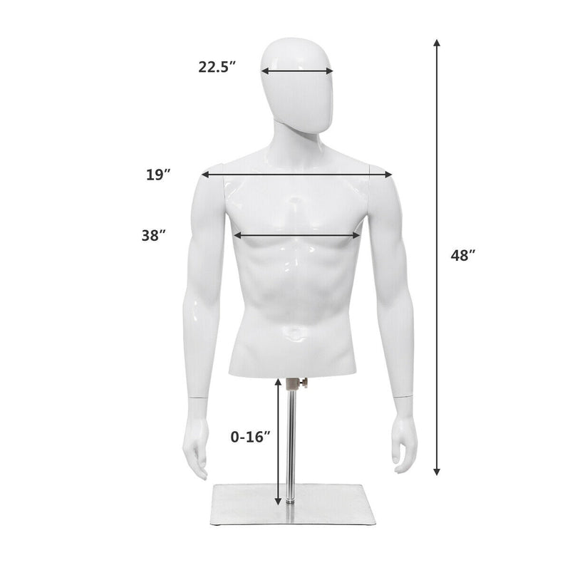 Male Mannequin Realistic Plastic Half Body Head Turn Dress Form Display w/Base