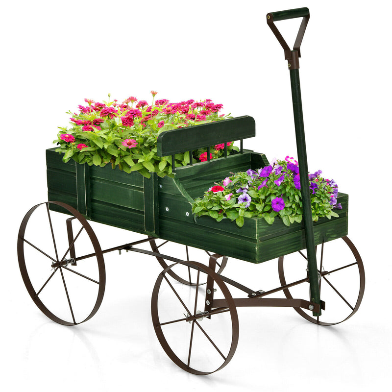 Wooden Garden Flower Planter Wagon Plant Bed W/ Wheel Garden Yard Green