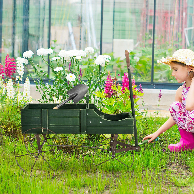 Wooden Garden Flower Planter Wagon Plant Bed W/ Wheel Garden Yard Green