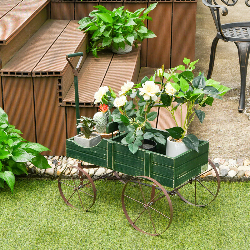 Wooden Garden Flower Planter Wagon Plant Bed W/ Wheel Garden Yard Green