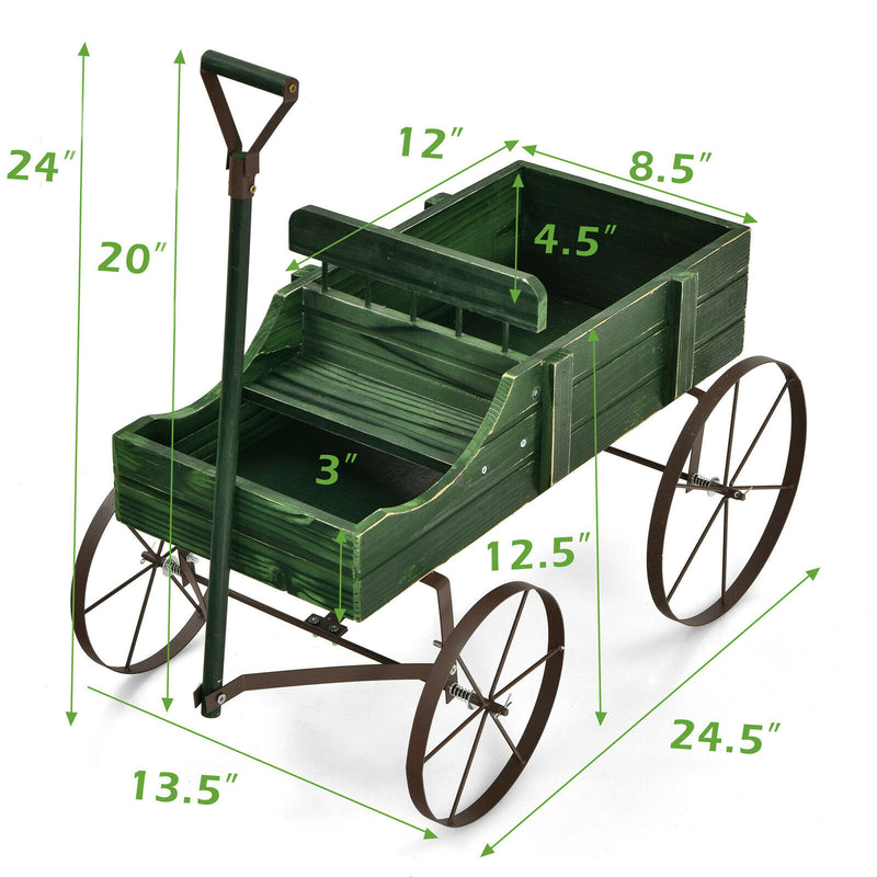 Wooden Garden Flower Planter Wagon Plant Bed W/ Wheel Garden Yard Green