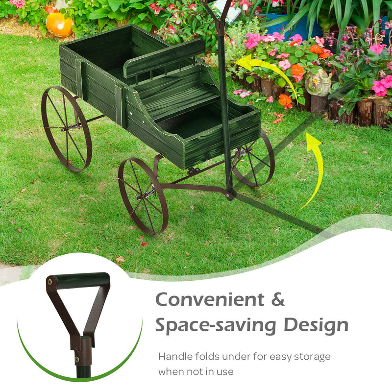 Wooden Garden Flower Planter Wagon Plant Bed W/ Wheel Garden Yard Green