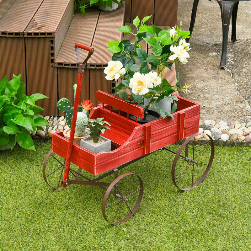 Wooden Garden Flower Planter Wagon Plant Bed W/ Wheel Garden Yard Red
