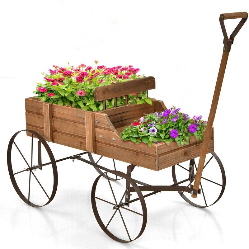 Wooden Garden Flower Planter Wagon Plant Bed W/ Wheel Garden Yard Brown