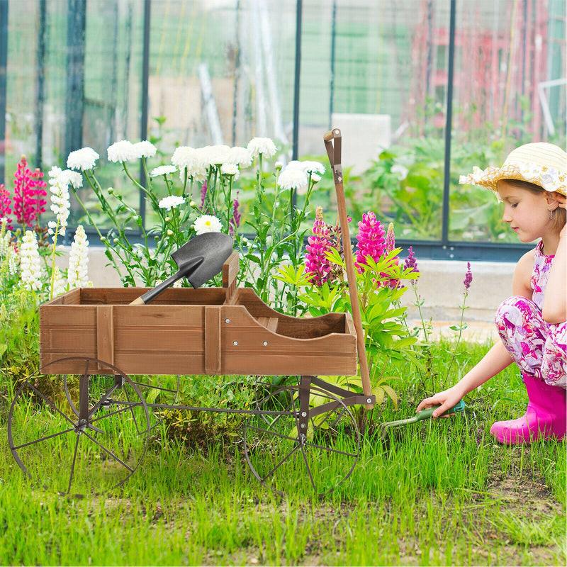 Wooden Garden Flower Planter Wagon Plant Bed W/ Wheel Garden Yard Brown