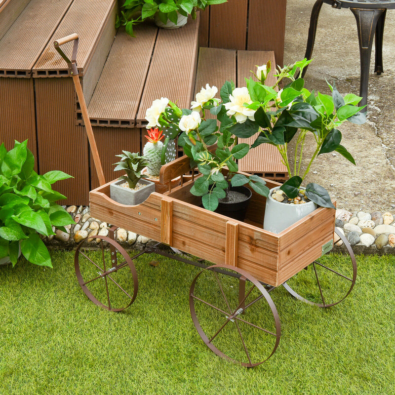 Wooden Garden Flower Planter Wagon Plant Bed W/ Wheel Garden Yard Brown