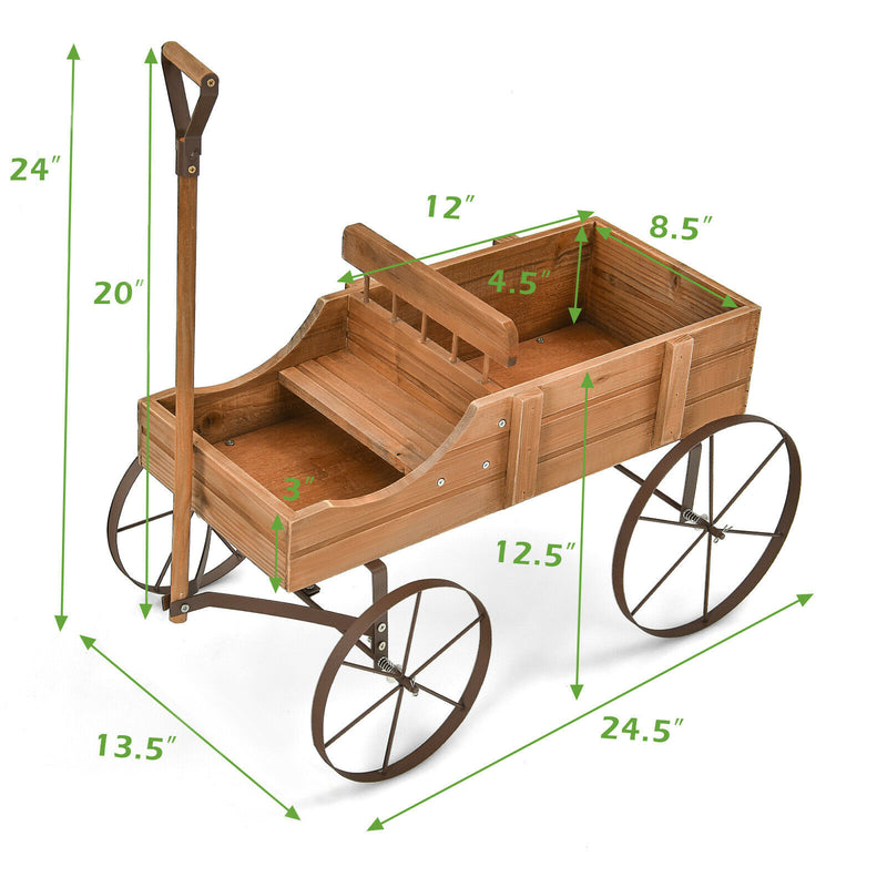 Wooden Garden Flower Planter Wagon Plant Bed W/ Wheel Garden Yard Brown