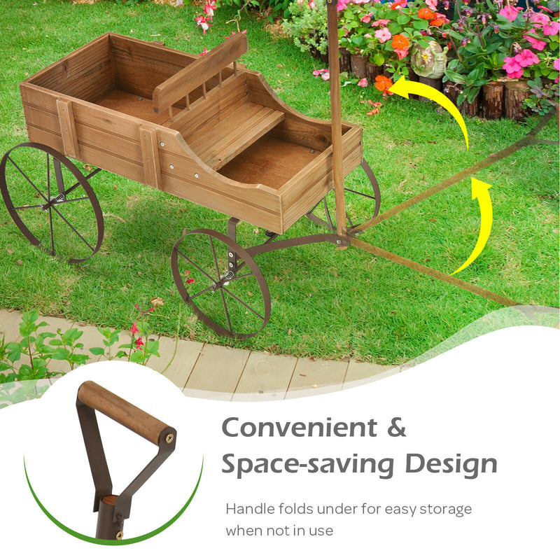 Wooden Garden Flower Planter Wagon Plant Bed W/ Wheel Garden Yard Brown