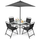 6PCS Patio Furniture Dining Set Folding Chairs Glass Table W/Umbrella Deck Grey