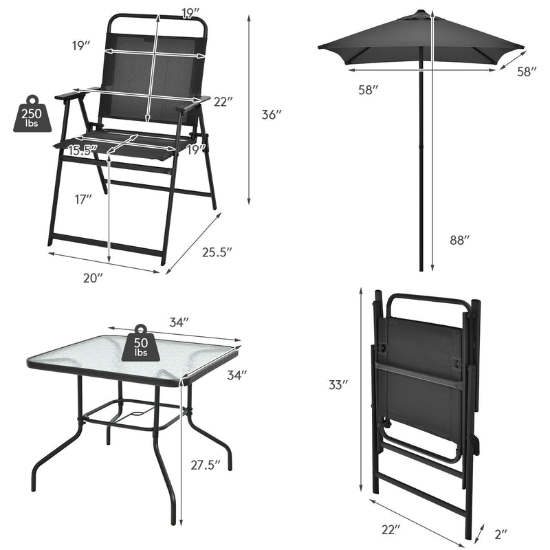 6PCS Patio Furniture Dining Set Folding Chairs Glass Table W/Umbrella Deck Grey