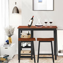 3-Piece Counter Height Dining Table Set w/2 Saddle Stools&Storage Shelves Walnut