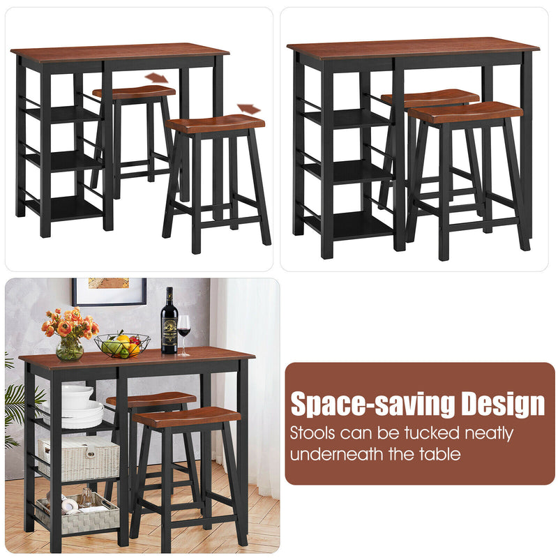 3-Piece Counter Height Dining Table Set w/2 Saddle Stools&Storage Shelves Walnut