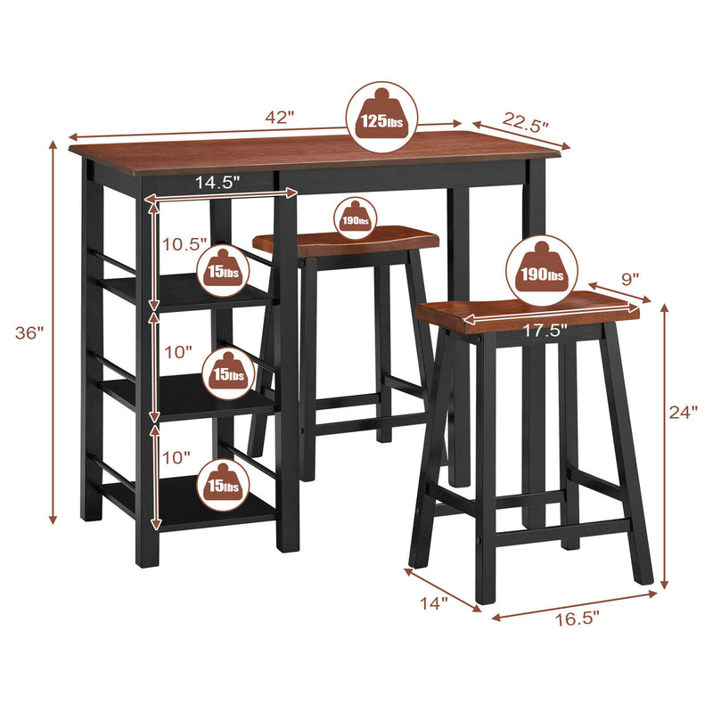 3-Piece Counter Height Dining Table Set w/2 Saddle Stools&Storage Shelves Walnut