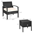 3PCS Patio Rattan Furniture Set Storage Table Cushioned Sofa Black