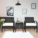 3PCS Patio Rattan Furniture Set Storage Table Cushioned Sofa Black