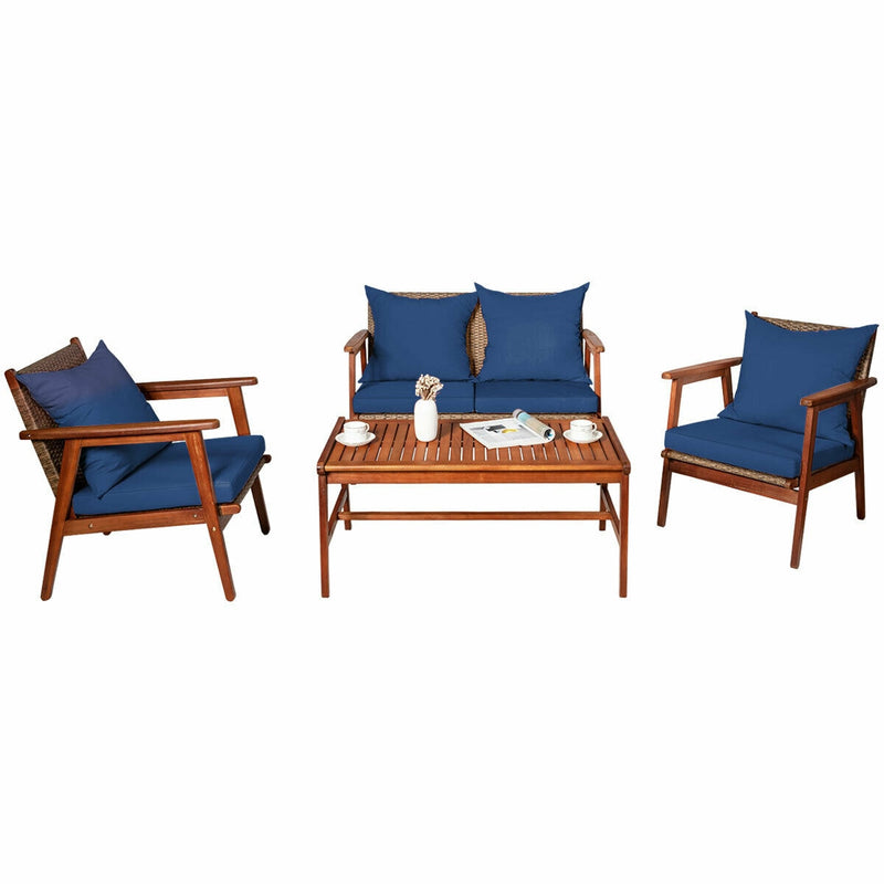 4PCS Patio Rattan Furniture Set Acacia Wood Frame Cushioned Sofa Chair Navy