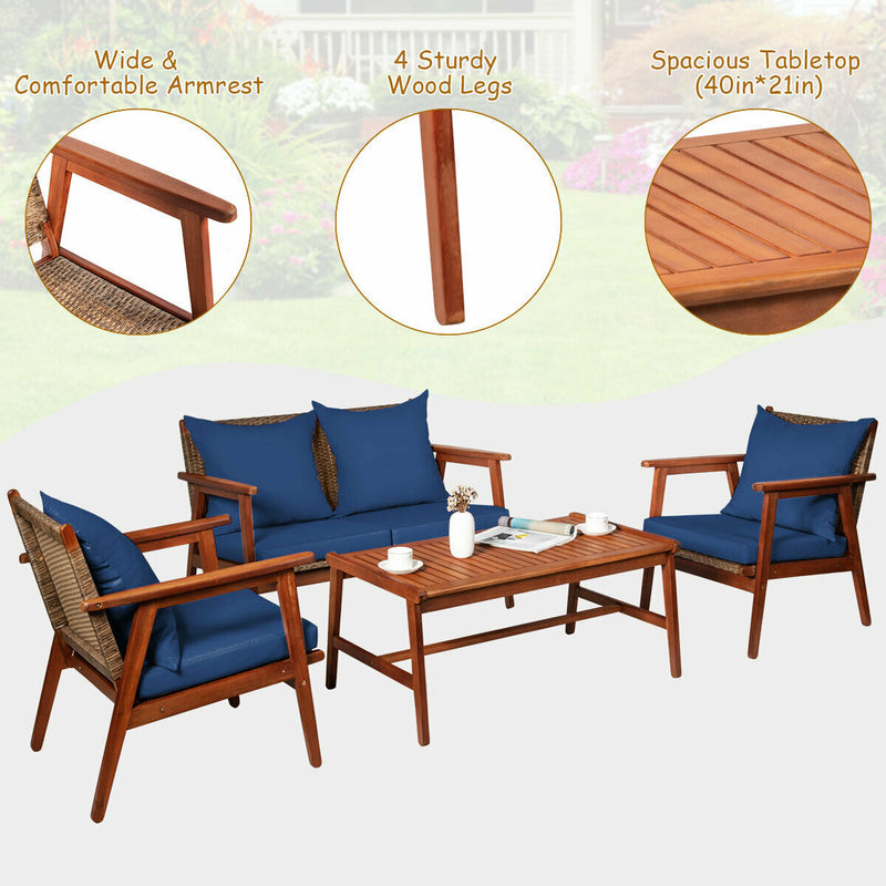 4PCS Patio Rattan Furniture Set Acacia Wood Frame Cushioned Sofa Chair Navy