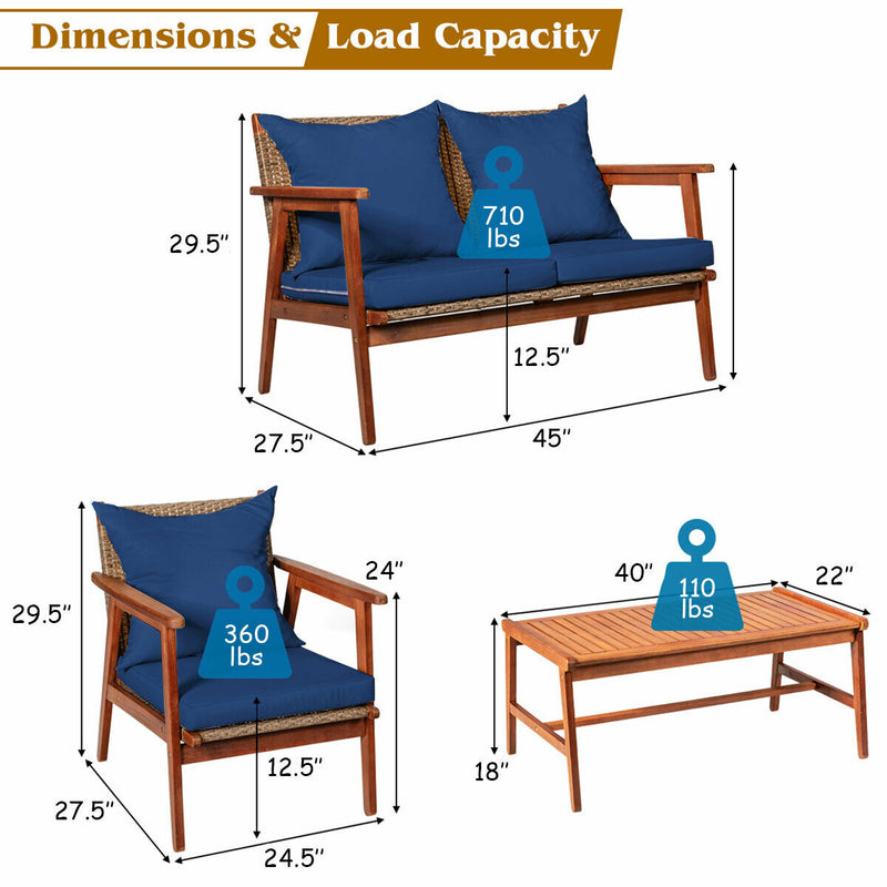 4PCS Patio Rattan Furniture Set Acacia Wood Frame Cushioned Sofa Chair Navy